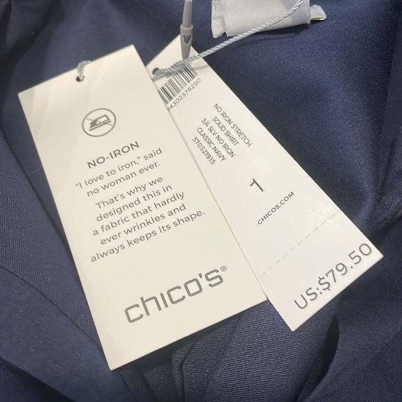 NWT Chico’s No Iron Classic Navy 3/4 Sleeve Button Down Shirt Size 1 - Picture 5 of 5